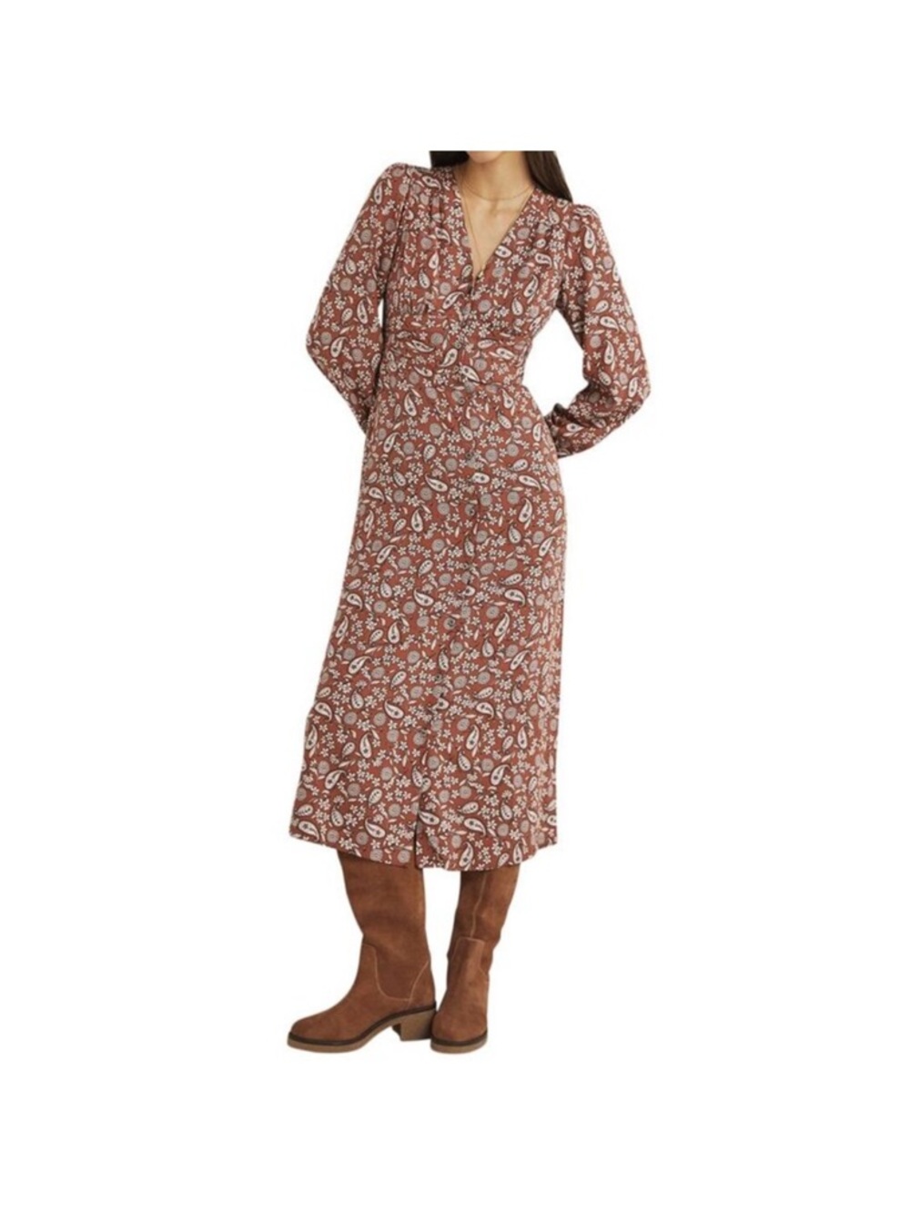 Boden Rust Floral Paisley V‑Neck Long Sleeve Midi Dress - Picture 3 of 8